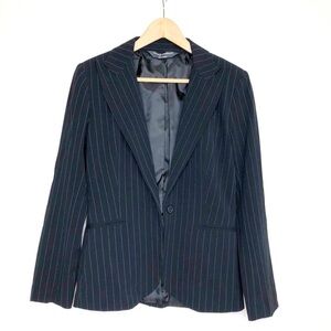 Norma Kamali Black pinstripe, one button closure blazer